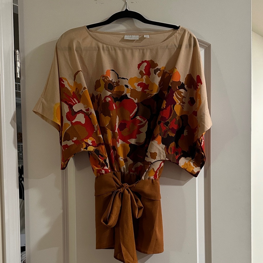 New York & Company Floral Blouse with Tie Waist - Red, Orange, Brown